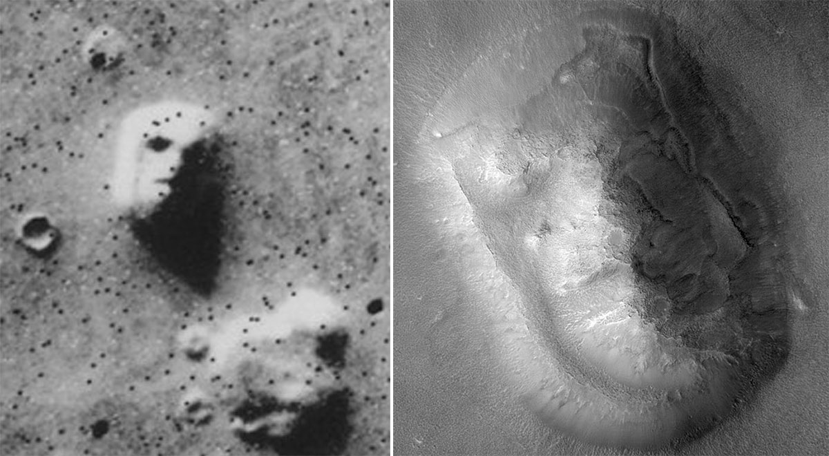 Das vielleicht berühmtesten illusorische Gesicht überhaupt: Aufgrund der damals noch geringen Bildauflösungen und günstiger Licht-Schattenverhältnisse erschien auf Aufnahmen der NASA-Sonde Viking 1 ein natürlicher Tafelberg als eindrucksvolles „Marsgesicht“ (l.). Erst auf späteren Aufnahmen des Mars Reconnaissance Orbiters von 2007 zeigte sich dessen wirkliche Form (r.), in der allerdings bis heute einige Beobachter unnatürliche Symmetrien erkennen. Copyright: NASA / JPL / University of Arizona