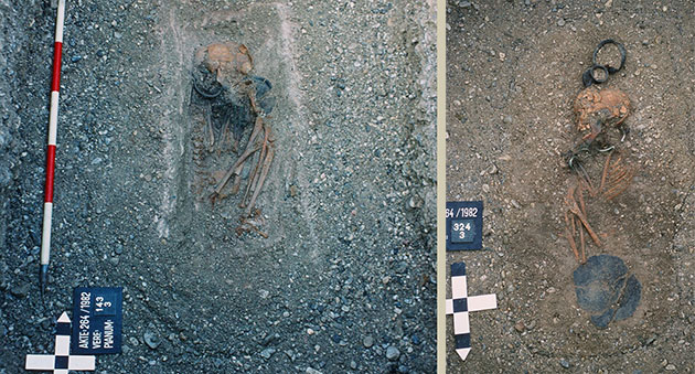 Typisches männliches Kindergrab (l.) eines 9-10-jährigen Jungen mit linker Körperseite in Nord-Süd-Orientierung aus „Franzhausen 1“ im Vergleich zu einem typischen weiblichen Kindergrab (5-6 Jahre) mit der rechten Körperseite in Süd-Nord-Orientierung (r.). Copyright: Bundesdenkmalamt Wien/NÖ