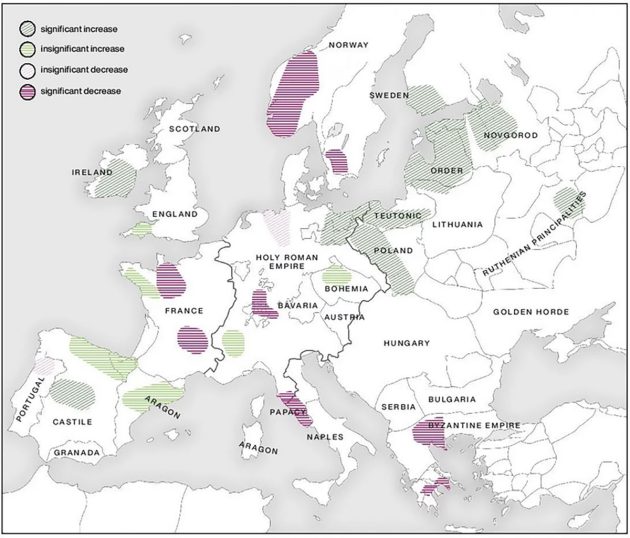 Vom BDP ermittelte regionale Szenarien der demografischen Auswirkungen der Pest. Die Farben spiegeln die Veränderungen in den Getreidepollenindikatoren im Hundertjahresmaßstab wider. Hintergrundkarte mit den politischen Grenzen des Europas des 14. Jahrhunderts. Copyright: Hans Sell, Michelle O’Reilly, Adam Izdebski; Izdebski et al., Nature Ecology & Evolution, 2022