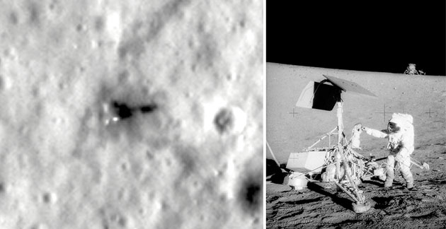 Die im April 1967 auf dem Mond gelandete NASA-Landesonde „Surveyor-3“ aus Sicht der indischen Mond-Sonde „Chandrayaan-2“. Daneben einen NASA-Aufnahme, die den Apollo-12-Astronauten Pete Conrad bei der Untersuchung der Sonde zeigt. Im Hintergrund ist das Apollo12-Landemodul zu sehen. Quelle/Copyright: ISRO / Shanmuga Subramanian / NASA