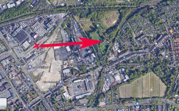 Karte von Sichtungsort (X). der Pfeil markiert in etwa die Blickrichtung (O) der Zeugen. Copyright/Quelle: grenzwissenschaft-aktuell.de / googleMaps