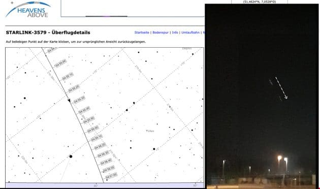 Die Flugbahndaten für den neuen Starlink-Zug „G4-9“ über Essen (l.) passen ziemlich genau zur Sichtung vom 4. März 2022 (zwei chronologisch übereinandergelagerte Standbilder aus dem Video, die die Flugrichtung des Lichts ausweisen r.). Copyright/Quelle: heavens-above.com / T. Altundag / GEP