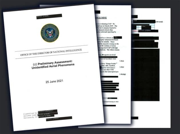 Seitenauswahl der nun veröffentlichten, weiterhin teilweise stark zensierten Version des klassifizierten Anhangs des UFO-Berichts der US-Geheimdienste vom 25. Juni 2021. Copyright/Quelle: ODNI US-Gov. / TheBlackVault.com