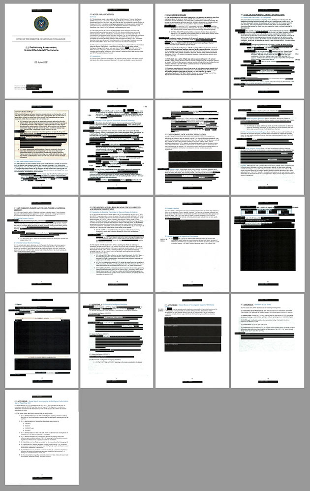 Gesamtansicht aller 17 Seiten des einst vollständig klassifizierten, nun aber teilweise – dennoch weiterhin stark geschwärzten Anhangs des UFO-Berichts der US-Geheimdienste („Preliminary Assessment: Unidentified Aerial Phenomena“. Copyright/Quelle: US Gov. / TheBlackVault.com