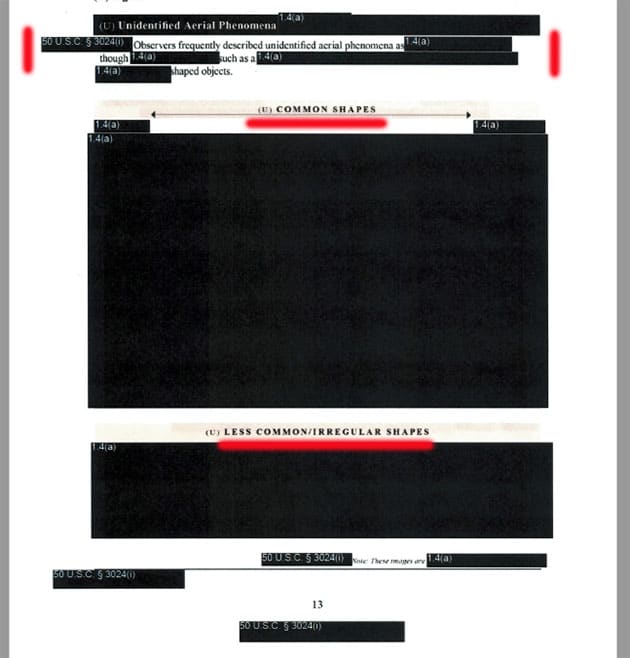 Auf Seite 13 des Anhangs finden sich Auflistungen der üblichen und unüblichen bzw. unregelmäßigen Formen der von US-Militärpersonal beobachteten UFOs – leider allesamt weiterhin geschwärzt. Copyright/Quelle: US Gov. / TheBlackVault.com