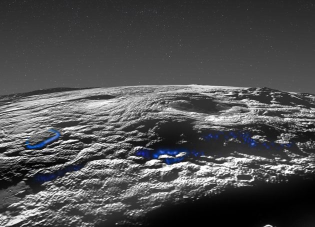 Strukturen auf dem Zwergplaneten Pluto haben US-Wissenschaftlerinnen und Wissenschaftler als Kuppeln von Eisvulkanen identifiziert (blau markiert). Copyright: NASA/Johns Hopkins University Applied Physics Laboratory/Southwest Research Institute