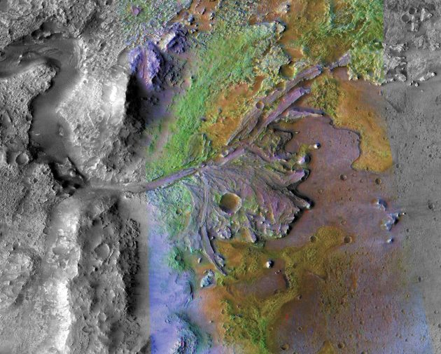 MRO-Satellitenaufnahme des Jezero-Kraters (Falschfarbendarstellung). Copyright: NASA/JPL-Caltech/ASU