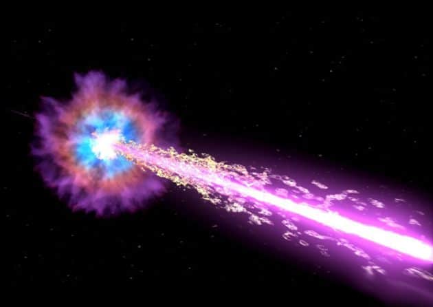 Künstlerische Darstellung eines Gammastrahlenausbruchs (Illu.). Copyright: NASA/Swift/Cruz deWilde