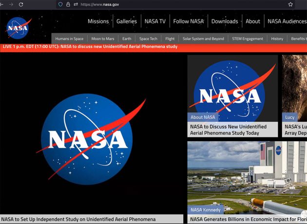 Screenshot der Startseite der NASA-Webseite mit Seltenheitswert (9. Juni 2022, 18h). Angeischts der angekündigten UFO-Szudie bekommt das NASA-Logo eine ganz neue Bedeutung. Copyright: NASA