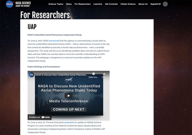 Screenshot der neuen NASA-Informationsseite zu UAP und der „UAP Independent Study“. Copyright: NASA.gov