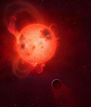 Künstlerische Darstellung des Exoplaneten „Kepler-438b“ vor seinem Stern, dem aktiven Roten Zwerg „Kepler-438“ (Illu.). Copyright: Mark A. Garlick/University of Warwick