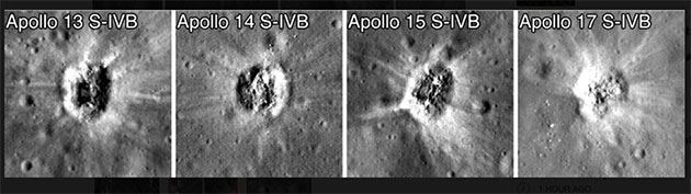 Die Einschlagkrater der SIV-B-Module der Apollo-Mission 13, 14, 15 und 17. Copyright: NASA