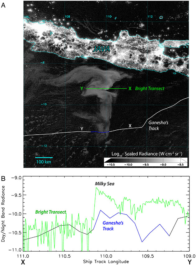 Satellitenaufnahme des "milchigen Meeres " südlich von Java im Spätsommer 2019. Copyright/Quelle: NOAA / Miller/ PNAS / CC BY-SA 4.0