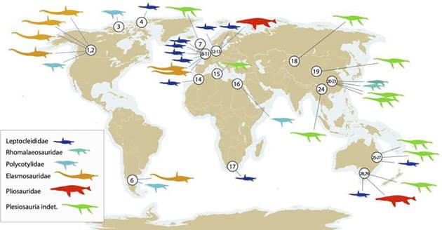 Plesiosaurierfunde weltweit (Illu.). Copyright/Quelle: University of Bath
