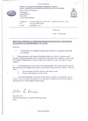 Seite des DGIA-(JARIC)-Reports zur Analysis des Retford-Fotos. (Klicken sie auf die Bildmitte, um zu einer vergrößerten Darstellung zu gelangen.) Crown Copyright