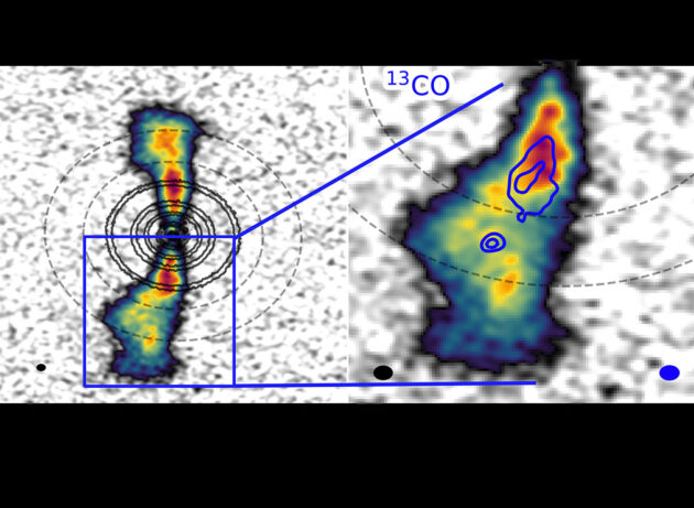 Erstmals haben Astronomen beim Studium des jungen Sterns “AS 209” Gas im Innern einer zirkumplanetaren Scheibe entdeckt, was auf einen serh jungen jupiterartigen Planeten in dem System hindeutet. Die Aufnahmen zeigen klumpenartige Lichtemissionen (r.) die aus eigentlich leeren Lücken in dem hochgradig strukturieren Scheibensystem kommen (l.). Copyright: ALMA (ESO/NAOJ/NRAO), J. Bae (U. Florida)