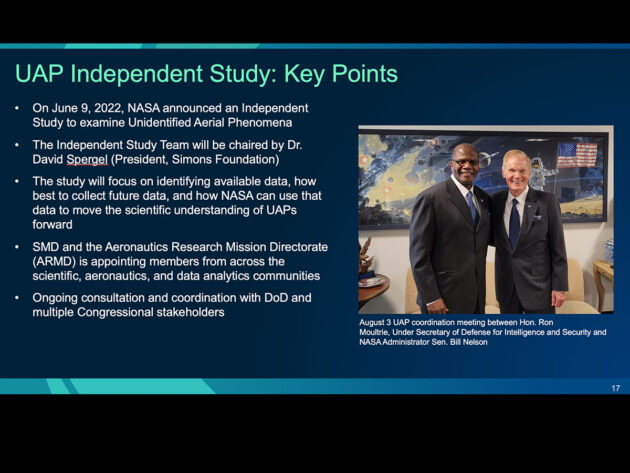 Powerpoint-Seite zu den Schlüsselpunkten und Zielen der UAP-Studie der NASA aus der SMD-Community Townhall-Sitzung „Explore Science“ der NASA vom 17. August 2022. Copyright: NASA