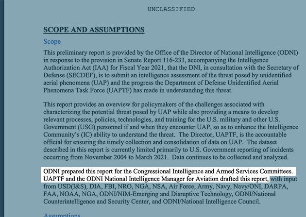 Der am 25. Juni 2021 veröffentlichte UFO-Bericht der US-Geheimdienste mit dem Titel „Preliminary Assessment: Unidentified Aerial Phenomena“ weist den NIM-A als einen der Hauptautoren aus. Copyright: ODNI/US Gov.