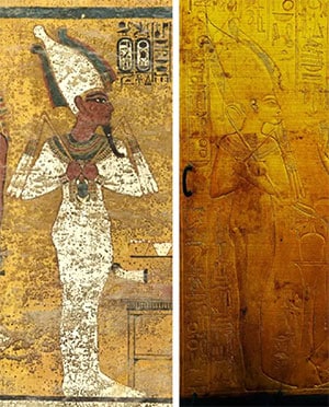 Tatsächlich sind die Ähnlichkeiten der Mumiendarstellung im Grab des Tutanchamun (l.) mit Darstellungen der Mumie der Nofretete (r.) auffallend.  Copyright/Quelle: N. Reeves, academia.edu 2019