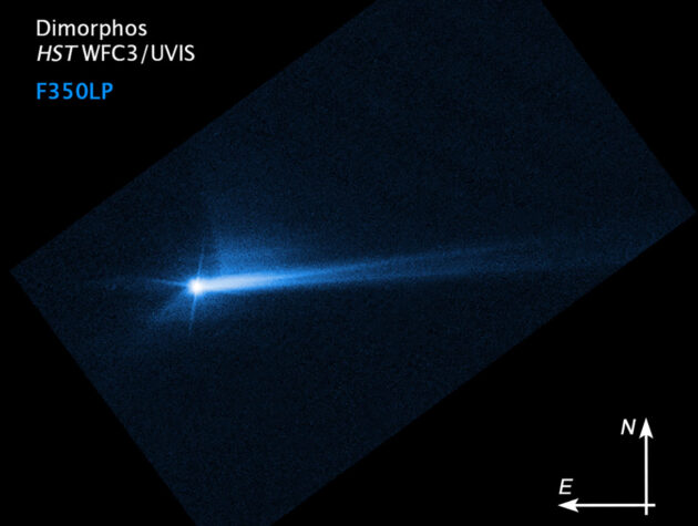 Diese Aufnahme des Weltraumteleskops Hubble vom 8. Oktober 2022 zeigt einen durch den Einschlag der DART-Sonde verursachten Trümmerschweif des Asteroiden Dimorphos. Copyright: NASA/ESA/STScI/Hubble