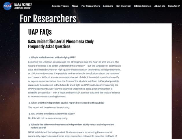 Screenshot der NASA-Webseite zum FAQ zur UAP Studie. Copyright: science.nasa.gov