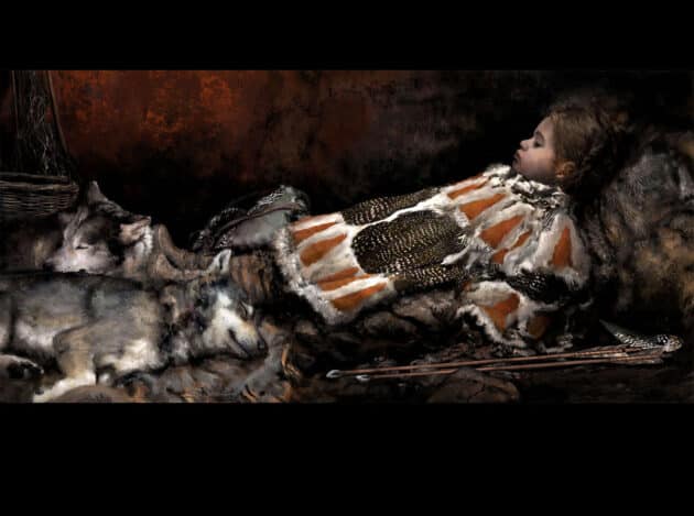 So stellt sich ein Künstler anhand der Grabfunde die Bestattungssituation des Steinzeit-Kindes von Majoonsuo vor (Illu.). Copyright: Tom Bjorklund