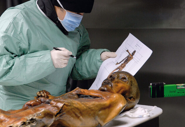Untersuchung an der Eismumie des „Mannes aus dem Eis“ (Ötzi). Copyright: Südtiroler Archäologiemuseum/EURAC/ Samadelli/Staschitz
