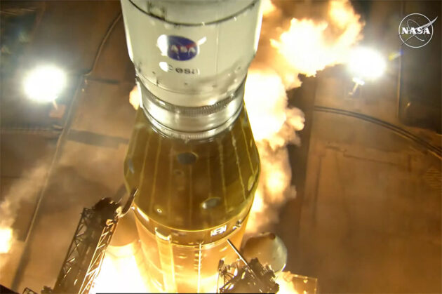 Start der SLS-Rakete mit dem Orion-Raumschiff der Mission „Artemis 1“ an Bord. Copyright: NASA