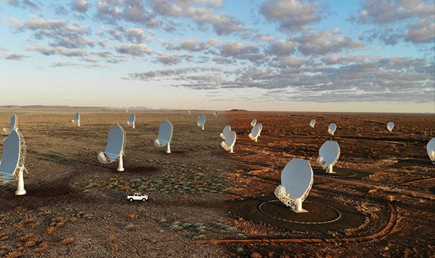 Künstlerische Darstellung der geplanten SKA-Mid Anlage in Südafrika, die teilweise aus der bereits existierenden radioteleskopanlage MeerKAT besteht (Komp. Foto u. Illu.).Copyright/Quelle: SKAO