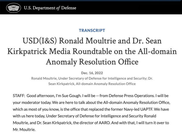 Teilansicht des Transcripts zum Media Roundtable der AARO vom 16. Dezember 2022. Copyright: defense.gov