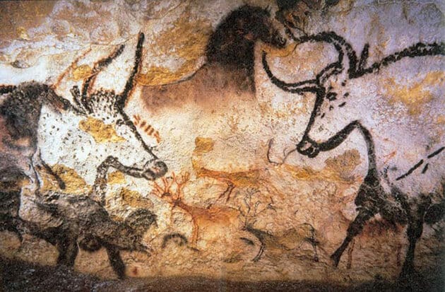 Archivbild: Ausschnitt der Höhlenmalereien von Lascaux. Auch hier finden sich neben zahlreichen Tierdarstellungen Punkt- und Strichmarkierungen (über und im Kopf der beiden Rinder), die Wissenschaftler und Wissenschaftlerinnen lange Zeit vor ein Rätsel stellten. Copyright/Quelle: Bacon et al. 2023, Cambridge Archaeological Journal