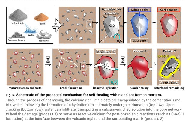 Schematische Darstellung des beschriebenen Mechanismus der Selbstregenerations-Vorgangs innerhalb von römischem Beton.Copyright/Quelle: Masic et al., Science Advances 2023