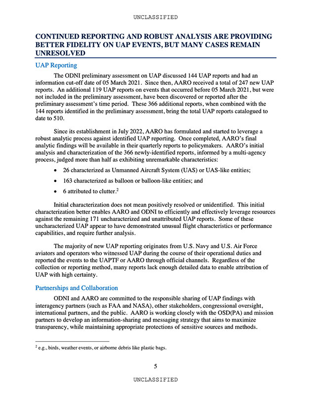 Eine von nur 12 Seiten des öffentlichen teils des neuen UFO-Reports von AARO und ODNI.Copyright/Quelle: US Gov./ODNI