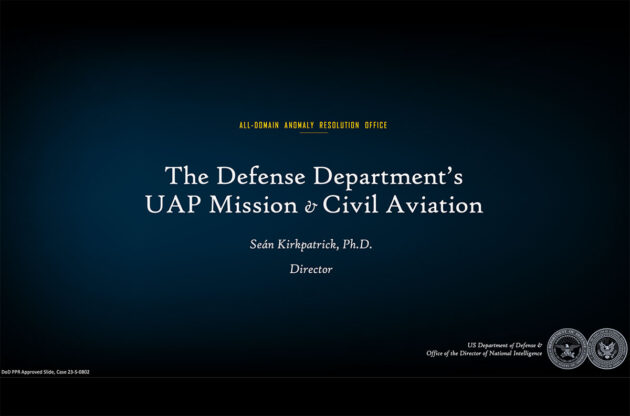 Deckblatt des Folienapparats von Dr. Séan Kirkpatricks Vortrag bei der TRB.Quelle: AARO/US Gov.