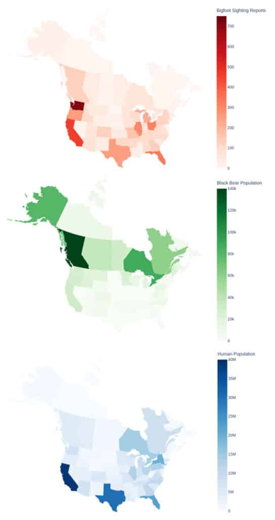 Die Karten veranschaulichen die Anzahl von Bigfoot-Sichtungen (o.), die Größe der Schwarzbären-Population (m.) und die menschliche Population pro Staat/Provinz in den USA und Kanada.Copyright/Quelle: F. Foxon, BioRxiv.org 2023