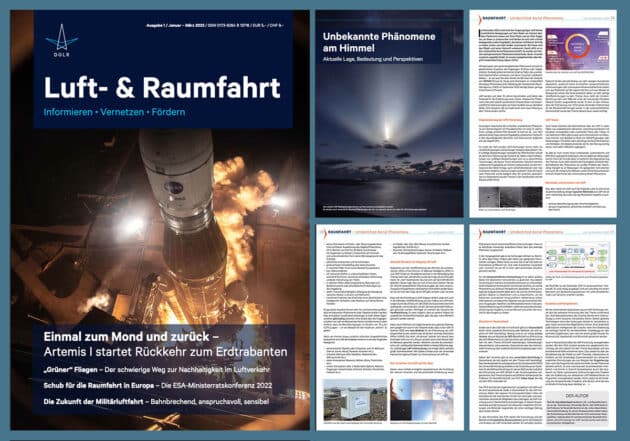 Titel und Seitenansicht des UAP-Artikels in der aktuellen Ausgabe des DGLR-Magazins „Luft- und Raumfahrt“ (Ausgabe 1, Jan.-März 2023, S. 38-41). Copyright: DGLR, www.dglr.de