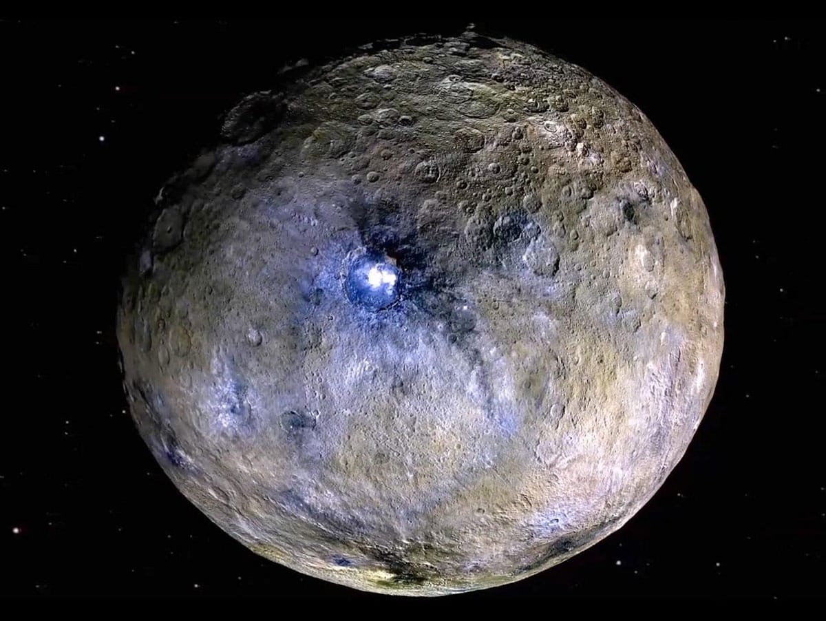 Der Zwergplanet Ceres mit dem Krater Occator in der Bildmitte. Copyright: NASA/JPL-Caltech/UCLA/MPS/DLR/IDA