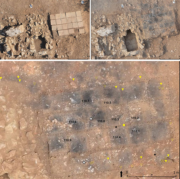 Draufsicht auf ein mit Kalkstein und Ziegeln versiegeltes Gräberfeld bei Sagalassos. Im unteren Bild sind die freigelegten einzelnen Aschegräber gut zu erkennen.Copyright/Quelle: Claeys et a., Anitiquity 2023 / Sagalassos Archaeological Research Project