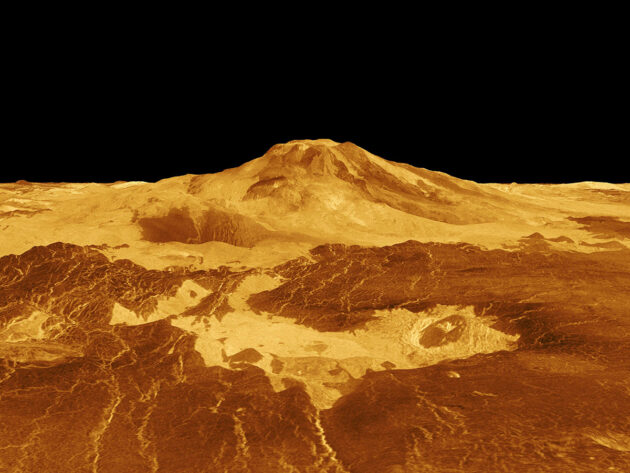 Computergeneriertes Geländemodell des Venus-Vulkans Maat Mons anhand der Magellan-Daten. Copyright: NASA/JPL