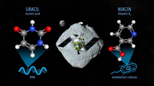 Infografik zur Probenahme von Materialien auf dem Asteroiden Ryugu durch die Raumsonde „Hayabusa2“, in denen nun Uracil und Niacin nachgewiesen werden konnten (Illu.). Copyright: NASA Goddard/JAXA/Dan Gallagher