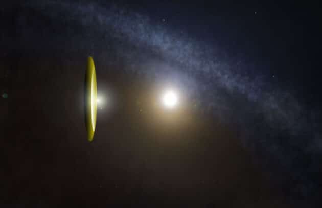 Künstlerische Darstellung von 'Oumuamua als Teil eines Lichtsegels nach der Interpretation von Avi Loeb (Illu.). Copyright/Quelle: A. Müller (verwendetes Hintergrundmotiv: ALMA (ESO/NAOJ/NRAO)/M. Kornmesser)