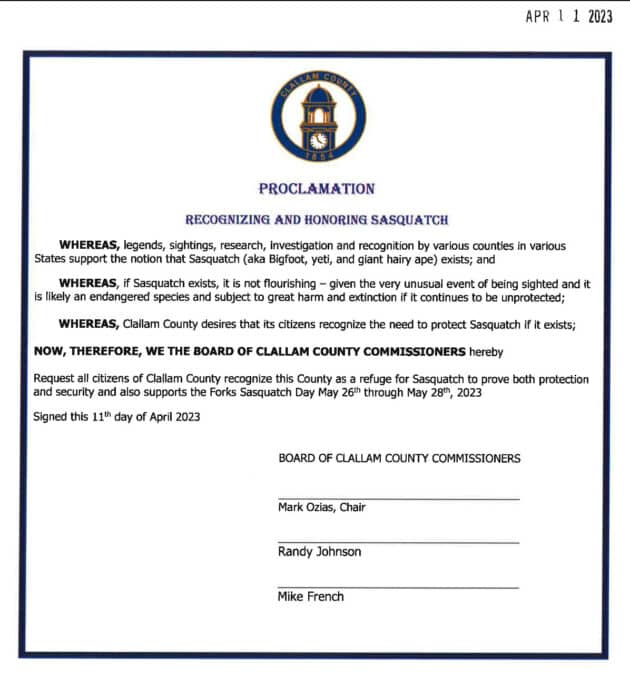 Die "Porclamation" zum Schutz von Bigfoot in Callahan County, Texas.Quelle: clallamcountywa.gov