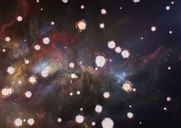 Künstlerische Darstellung einer weit entfernten Gaswolke, die verschiedene chemische Elemente enthält, die hier mit schematischen Darstellungen verschiedener Atome illustriert sind (Illu.). Copyright: ESO/L. Calçada, M. Kornmesser