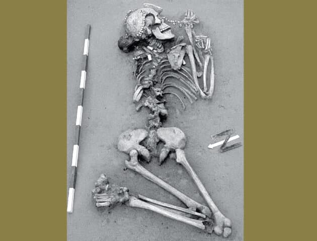 Symbolbild (Archiv): Ganz ähnlich wie diese eine von 8 Frauen wurden auch zwei biologische Männer mitsamt einem Kopfschmuck aus Schneckenschalen im jungsteinzeitlichen (linearbandkeramischen) Gräberfeld aus der bei Aiterhofen-Ödmühle mit weiteren „weiblichen“ Grabbeigaben beigesetzt. Copyright/Quelle: Bayerisches Landesamt für Denkmalpflege