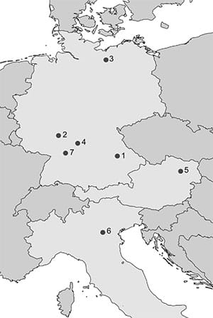 Geografische Verteilung der untersuchten Fundorte: (1) Aiterhofen-Ödmühle; (2) Trebur; (3) Ostorf-Tannenwerder; (4) Lauda-Königshofen; (5) Gemeinlebarn; (6) Olmo di Nogara; (7) Neckarsulm.Quelle: Pape u. Ialongo / Cambridge Archaeological Journal, 2023