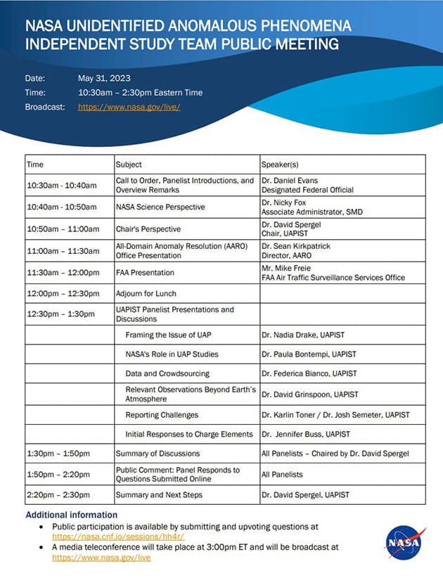Das offizielle Programm zum NASA Unidentified Anomalous Phenomena Independent Study Public Meeting vom 31. Mai 2023.Copyright: NASA