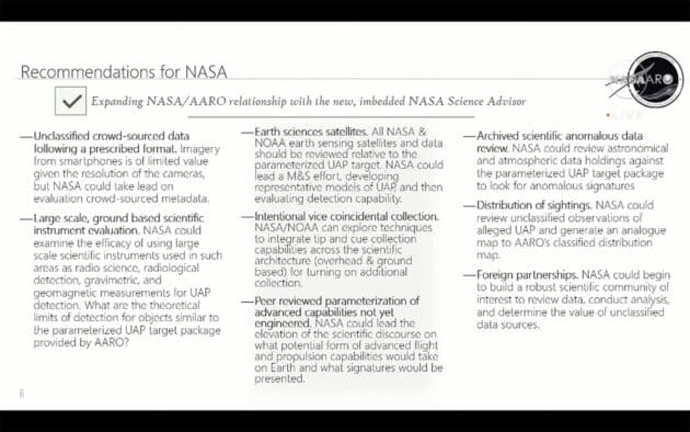 Kirkpatricks abschließende Empfehlungen für die NASA.Quelle: NASA/AARO