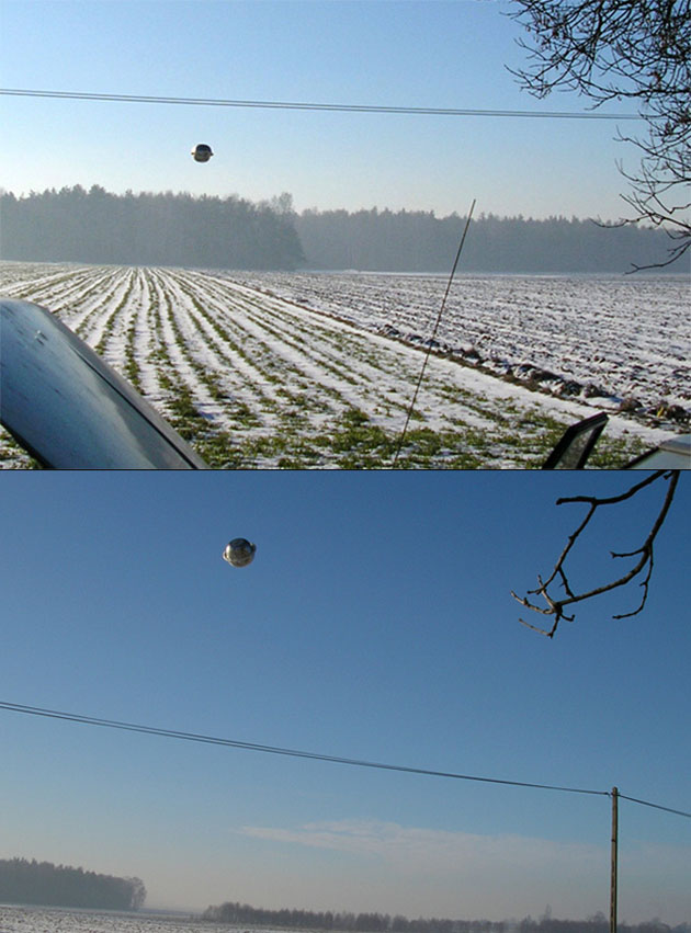 Aufnahmen einer Fotoserie zeigen ein metallisch-kugelförmiges Objekt am Himmel über Zdany in Polen.Quelle: Natutilus Foundation, Poland