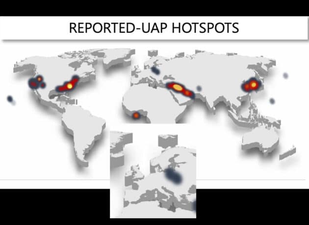 Blick auf die weltweiten Hotspots von UAP/UFO-Sichtungen durch Sensorik der US-Geheimdienste und Militärs. Die Ausschnittsvergrößerung zeigt den europäischen UFO-Hotspot über Polen. Copyright: AARO/Dept. of Defense/US Gov. (bearb. grewi.de)