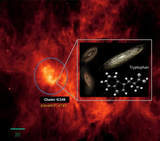 Grafische Darstellung des Nachweises der Aminosäure Tryptophan im Perseus-Molekülkomplex. Copyright/Quelle: Jorge Rebolo-Iglesias (Grafik), NASA/Spitzer Space Telescope (Hintergrund)